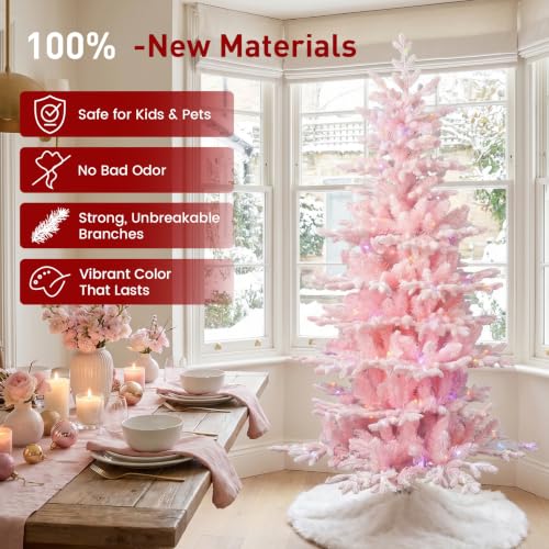 Pink Frostfall Fir 6ft Artificial Christmas Tree - Slim Prelit Xmas Tree with 260 LED Lights