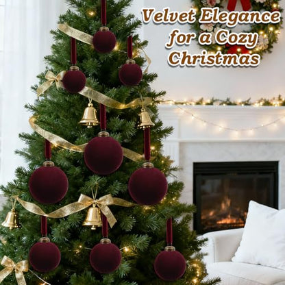 Burgundy Velvet Christmas Ornaments - Set of 12 Flocked Holiday Decor