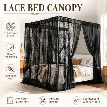 Black Lace Canopy Bed Curtains Set - 8 Pieces 39x79 Inch for Queen & King Bed