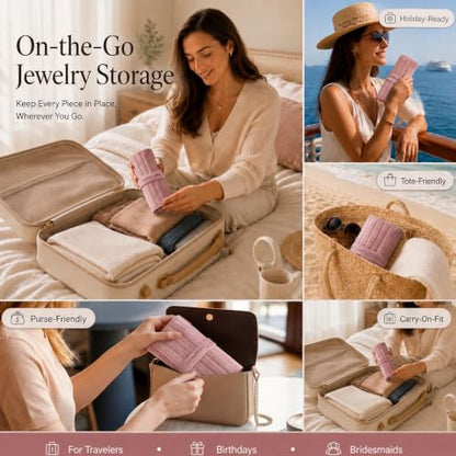 Travel Jewelry Organizer Case Pink Jewelry Roll for Necklaces Rings & Earrings