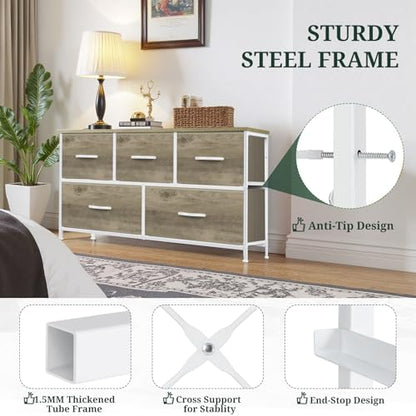 5-Drawer Dresser for Bedroom, Anti-Tip Wide Storage Organizer Fabric Chest of Drawers TV Stand for 45" TV with Wooden Top and Metal Frame for Closet, Living Room, Hallway, Entryway, Greige Oak