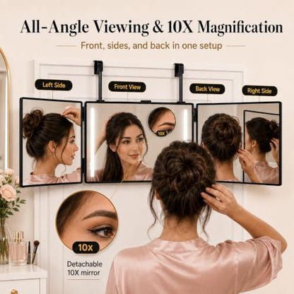 3 Way Makeup & Hair Styling Mirror with 10X Magnifier, LED Lighting, Adjustable Hooks