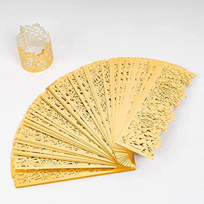Disposable Rose Flower Napkin Rings Set of 100 - Gold Laser Cut Foil Table Decor for Weddings & Parties