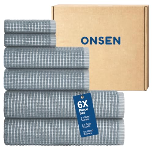 ONSEN Terry Cotton Waffle Bath Towel Set with Hand & Face Towels - Chambray Variation