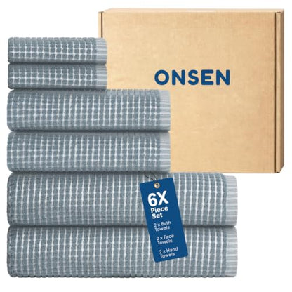 ONSEN Terry Cotton Waffle Bath Towel Set with Hand & Face Towels - Chambray Variation