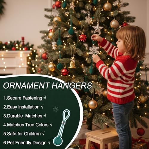 Adjustable Christmas Ornament Hooks - Dark Green, 100 Pcs Non Slip Holiday Decor