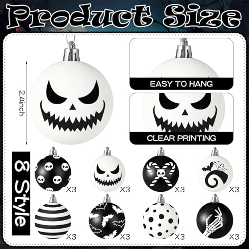 Gothic Halloween Christmas Ornaments Set - Black & White Holiday Decor, 24 Pcs