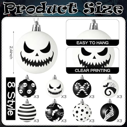 Gothic Halloween Christmas Ornaments Set - Black & White Holiday Decor, 24 Pcs