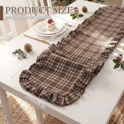 Fall Brown Gingham Table Runner Brown White Plaid Ruffle - 14x72 Inches, Cotton, Elegant Home Decor