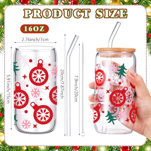 Pine Glass Christmas Cups Set with Lids & Straws - 6 Pack, 16 oz