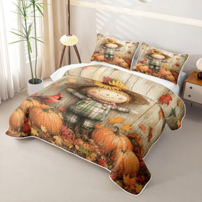Orange Brown Autumn Scarecrow Quilted Bedspread Twin Set with Pillowcase - 2 Pieces