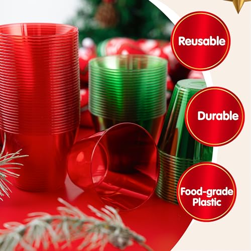 144 Pack Christmas Clear Disposable Plastic Cups - Red & Green 9oz Bulk Drinking Glasses