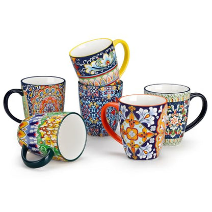 12 oz Coffee Mugs Set of 6 - Ceramic Boho Style Drinkware with Handle