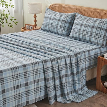 Deep Pocket King Fitted Sheet - Blue Gray Plaid, Fits 18 Inch Mattresses