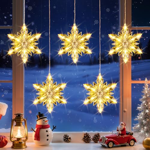 Christmas Snowflake Window Lights - 5 Snowflakes, 60 LEDs Waterproof Outdoor Indoor Decor