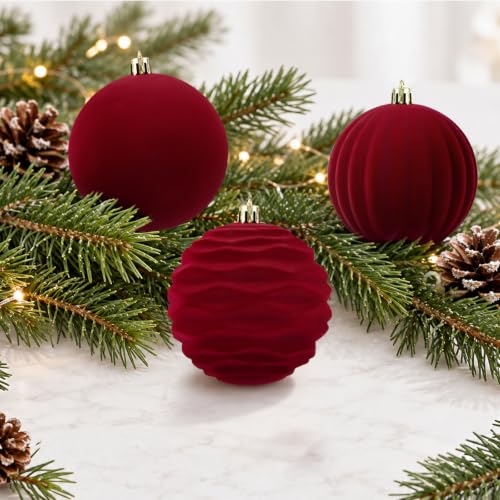 Red Velvet Christmas Ball Ornaments Set - 3.15 Inch, 16 pcs, Decorative Holiday Decor