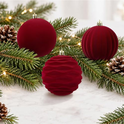 Red Velvet Christmas Ball Ornaments Set - 3.15 Inch, 16 pcs, Decorative Holiday Decor