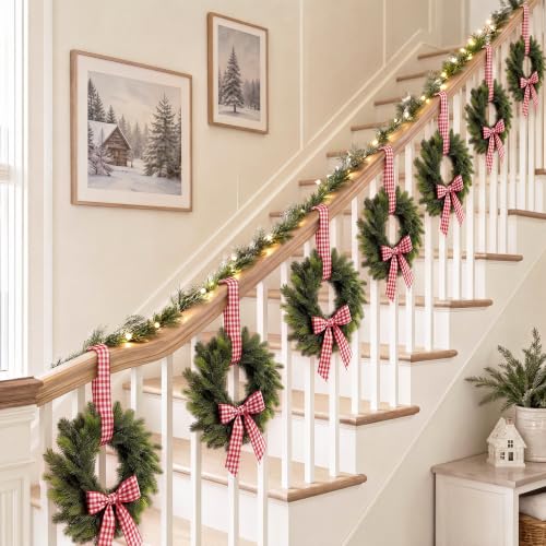 12 Pcs Mini Christmas Wreaths for Cabinets with Gingham Bow - Farmhouse Decor