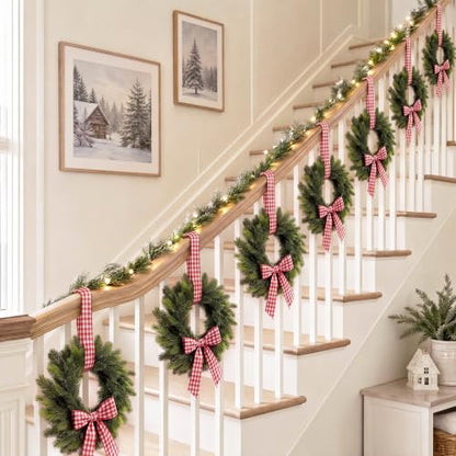 12 Pcs Mini Christmas Wreaths for Cabinets with Gingham Bow - Farmhouse Decor