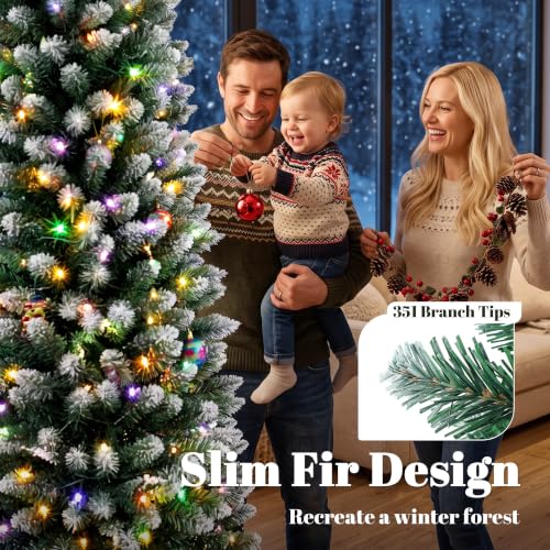 6ft Prelit Christmas Tree with Dual-Color Lights, Flocked Green-White, Narrow