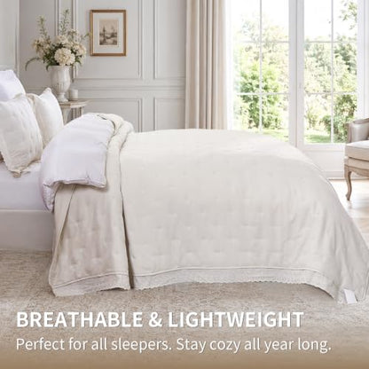 King Beige Ruffle Quilt Set with Lace Trim - Soft 100% Polyester Bedding