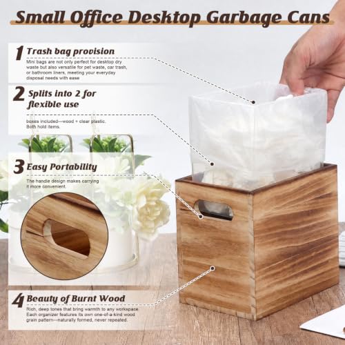 Wooden Mini Desk Trash Can with Bags - Pine Wood Waste Bin 0.5 Gal / 2L, Split Design