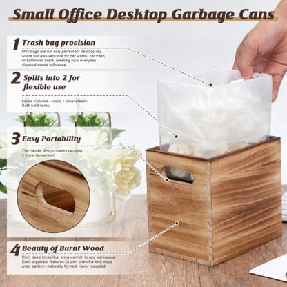 Wooden Mini Desk Trash Can with Bags - Pine Wood Waste Bin 0.5 Gal / 2L, Split Design