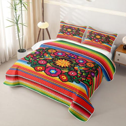 Exotic Retro Floral Quilt Set Queen Size with Red Green Variation - Boho Rainbow Geometric Bedding with 2 Pillowcases