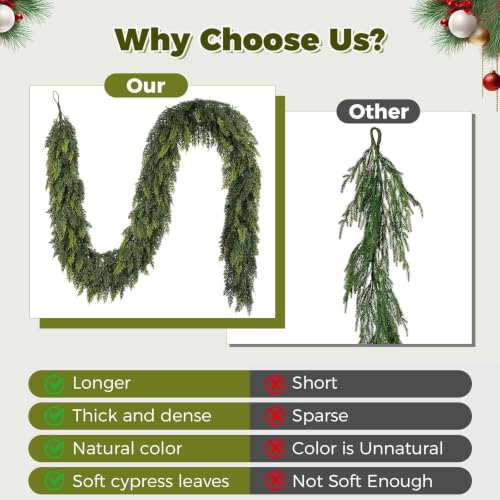 6FT 2-Piece Artificial Cedar Garland for Christmas Mantle Decor - Real Touch, Dense Foliage