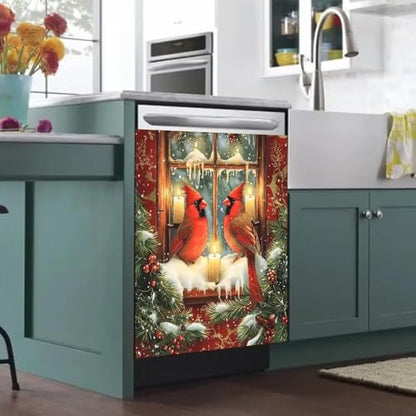 Red Bird Christmas Snow Scene Dishwasher Magnet Cover 28" Variation