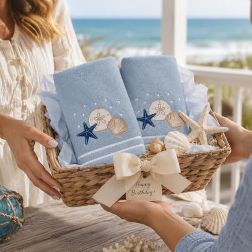 Gone Coastal Hand Towels for Bathroom - Light Blue Shells, Starfish & Sand Dollar - 2 Pack
