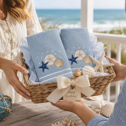 Gone Coastal Hand Towels for Bathroom - Light Blue Shells, Starfish & Sand Dollar - 2 Pack