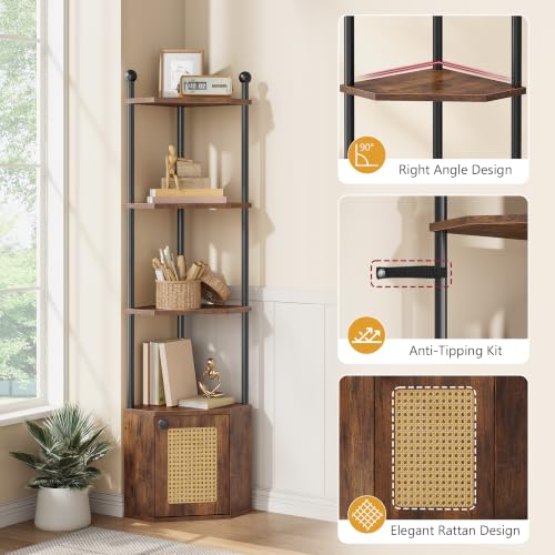 Rustic Brown 5-Tier Corner Shelf Stand with Cabinet - Space-Saving Storage