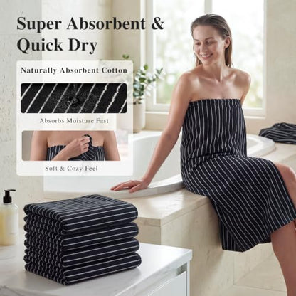 Black 28x55 Inch Bath Towels Set of 4 - Premium 100% Cotton Striped