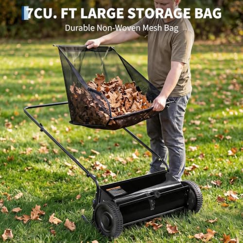 26-Inch Push Lawn Sweeper Leaf & Grass Collector Black with Stepless Height Adjustment