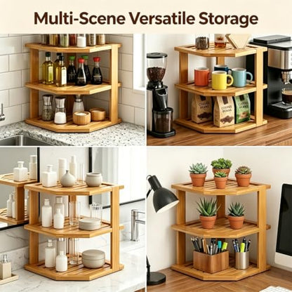 3-Tier Bamboo Corner Shelf for Kitchen Countertop and Cabinet Storage