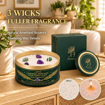 White Sage Candle with Crystals - 12 oz 3-Wick Soy Aromatherapy Candle - Variation: White Sage 1 Pack