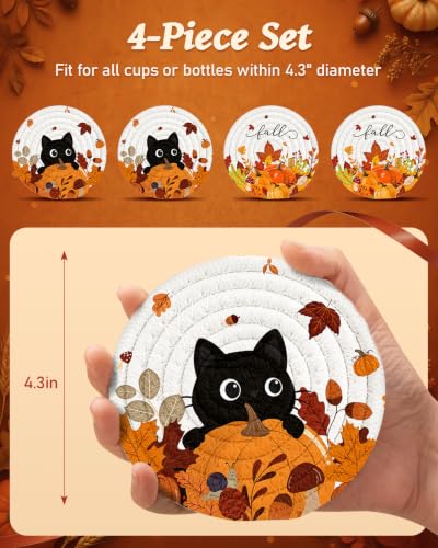 Autumn Pumpkin & Cat Coasters Set of 4 with Holder - Fall Decor