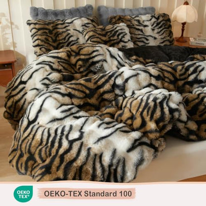 Queen Tiger Print Faux Rabbit Fur Duvet Cover Set - 3 Pieces, Brown
