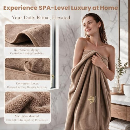 Khaki 4-Piece Coral Fleece Microfiber Bath Towel Set with Crown Embroidery - Super Absorbent, Large Size
