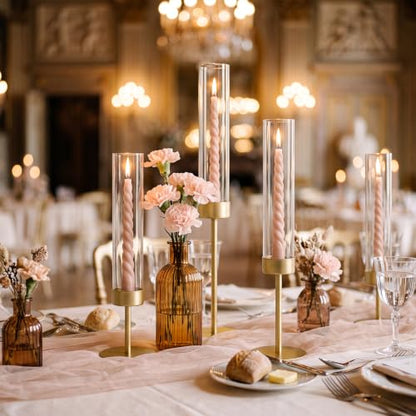 Set of 9 Gold Hurricane Glass Candle Holders with Taper Candlesticks - Varying Heights