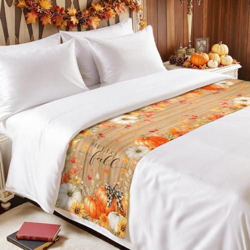 Queen Size Bed Runner with Fall Pumpkin Design - Orange & Brown, 83 x 20 Inches