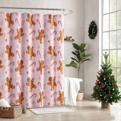 Christmas Shower Curtain Set - Pink Gingerbread Man Candy Cane Bathroom Decor, 72x72 Inches