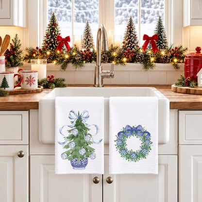 Christmas Blue Chinoiserie Kitchen Towels Set of 2 - Holiday Dish & Hand Towels