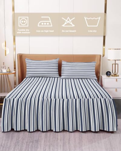 Blue Full Size Ruffle Bedspread Set with Bedskirt and Pillow Shams – Navy Striped Bedding Cover