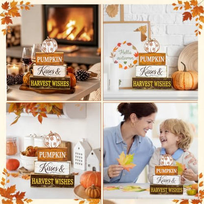Fall Pumpkin Wooden Block Signs Set with Heartwarming Message - Autumn Decor
