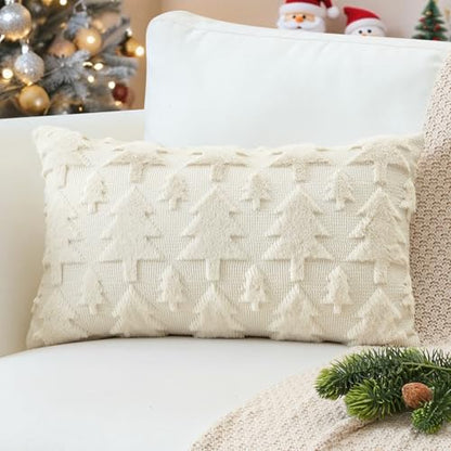 Christmas Tree Throw Pillow Cover 12x20in Faux Fur Wool Decorative Cushion - Cream Beige
