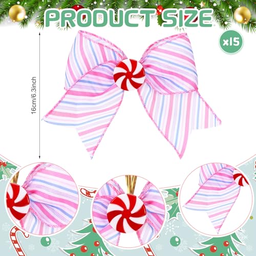 15 Pack Pastel Candy Christmas Tree Bows - 6.3 Inch Holiday Ornaments