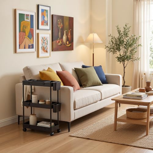 VECELO 3-Tier Slim Rolling Storage Cart with Dividers & Hooks - Black