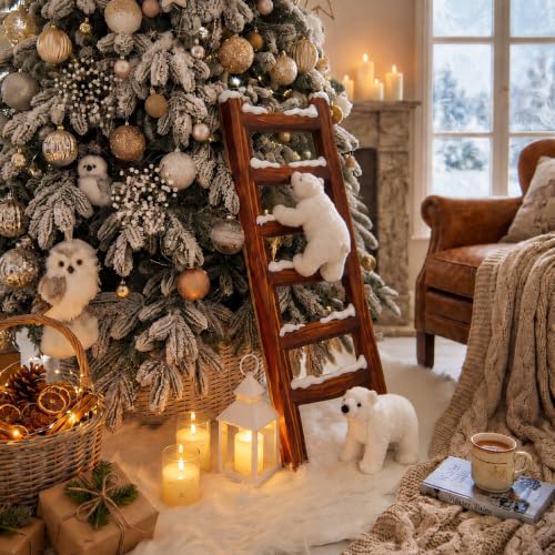 Polar Bear Christmas Staircase Decorations Set with Wooden Ladder and Plush Toys